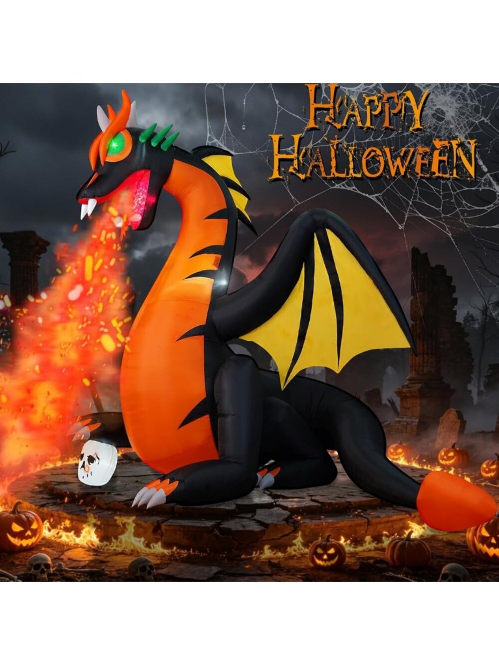 Giant 8FT Halloween Inflatable Fire Dragon with Glowing Eyes & Flame Decor